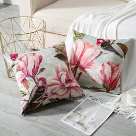 Artscope Cozy Cushion Covers, Set of 2 Soft Velvet Magnolia Flower Pattern Decorative Throw Pillow Covers Cases for Sofa Couch Bedroom Living Room Home Decor 45x45CM