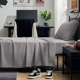 SLEEP ZONE Nanotex Super Soft Cooling Twin Bed Sheets Set for Kids 3 Piece - Easy Care Fitted Flat Sheet & Pillowcase Sets - Wrinkle Free, Fade Resistant, Deep Pocket 16" (Gull Gray, Twin)