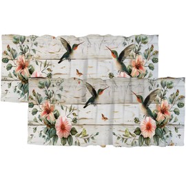Hummingbird Valance Curtains for Windows Flower Bird Spring Plant Vintage Wooden Board Rod Pocket Window Valance for Kitchen Living Room Bathroom Home Decoration 54 x 18 Inch, 2 Panel