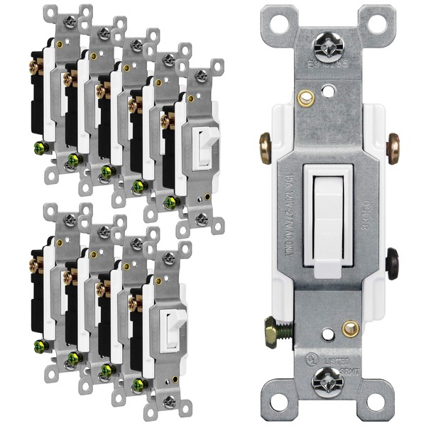 ENERLITES 83150-W-10PCS Toggle Light Switch, 3-Way or Single Pole, 15A 120-277V, Grounding Screw, Residential Grade, UL Listed, White (10 Pack), 10 Count