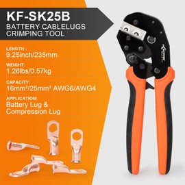 KF CPTEC Battery Cable Lug Crimping Tool KF-SK25B – Ratcheting Crimper for AWG 6 & 4 (16mm²/25mm²) Copper Lugs – Trapezoidal Crimp Profile for Automotive, Truck, Marine & Generator Applications