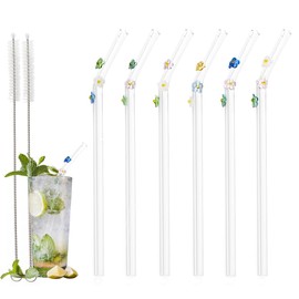 8 Pcs Glass Straws With Bows Charms, Cute Fun Reusable With Design Clear Bent Straws, With 1 Pcs Straw Brush for Party Drink Cocktail (6 Pcs Flower)