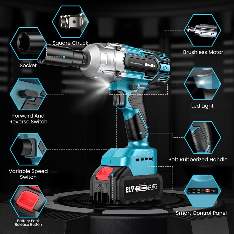 Seesii Cordless Impact Wrench 1/2 inch, High Torque 479 Ft-lbs(650Nm)