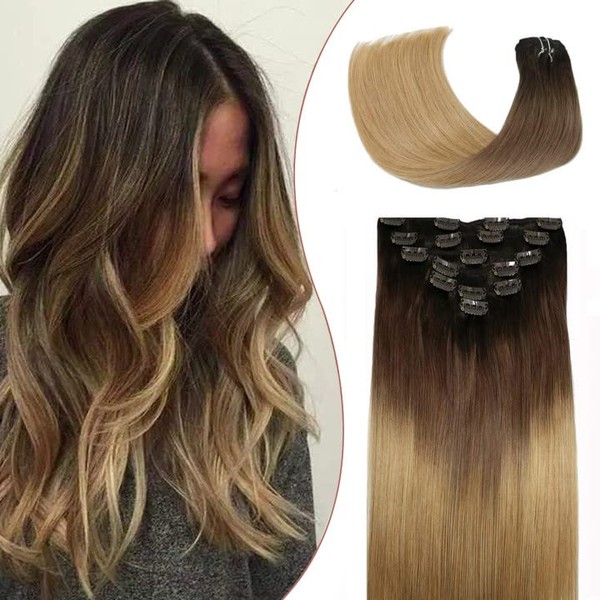 10A Grade Clip In Hair Extensions Human Hair Dark Brown Fading To Chestnut Brown and Ash Brown Highlighted Brazilian Hair 120g 7pcs Per Set Remy Hair Full Head Silky Straight Human Hair Clip In Extensions 22In (2T6T27)