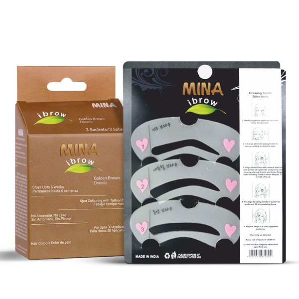 Mina ibrow Henna Kit de tinte y paquete regular negro con plantillas para cejas, paquete combo, Café dorado