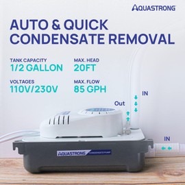 Aquastrong 1/38 HP 85 GPH HVAC Condensate Pump, 115V/230V, Automatic Safety Switch, AC Condensate Removal for Air Conditioner, Furnace, Dehumidifier, 3.3' Power Cord | AQUASTRONG