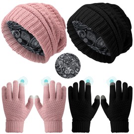 Sintege 4 Pieces Womens Satin Lined Beanie Hat Gloves Set Knit Slouchy Winter Hats Skull Cap Warm Touchscreen Gloves Set (Black, Pink, Classic Style)