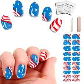 Gallasy 20PCS Independence Day Semi Gel Nail Strips, July 4th Decorations Nail Stickers, Patriotic Red White and Blue Manicure Tip