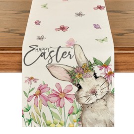 Artoid Mode Daisy Bunny Rabbit Easter Table Runner, Seasonal Spring Kitchen Dining Table Decoration for Home Party Decor 13x60 Inch