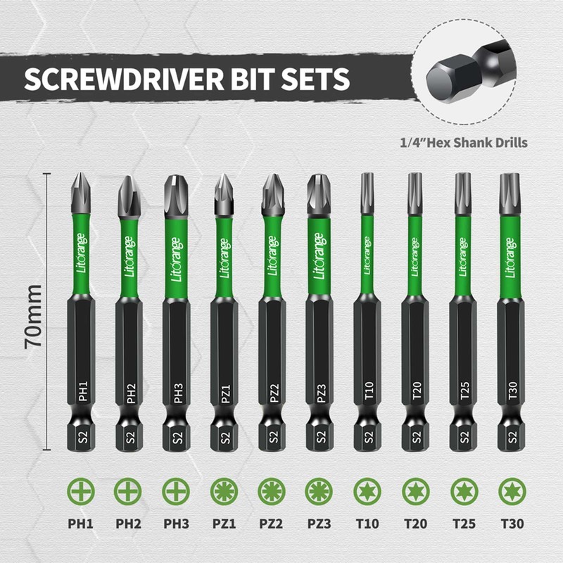 Litorange 70 mm long screwdriver bit set, 10 pieces bit