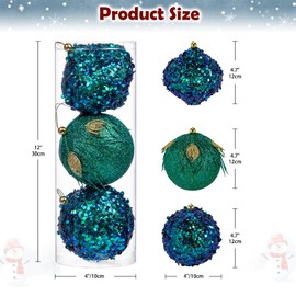 Oairse 10cm Large Christmas Balls 3 Pcs Peacock Blue Christmas Baubles Ornaments for Glitter Christmas Tree Ornaments Garland Holidays Decor, Unique Designs Featuring Feather, Glitter, and Sequin