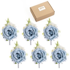 Qeedy Blue Rose Boutonniere Set of 6 for Men – Artificial Wedding Lapel Flowers Perfect for Groom, Groomsmen, Prom, Homecoming, Formal Events – Gift Box Included