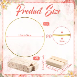 50 Set 12 Inch Metal Hoop Wreath Floral Hoop Centerpiece with Stand Gold Craft Macrame Hoop Rings with 50 Wooden Holders DIY Dream Catcher Ring for Christmas Wedding Centerpiece Table Decorations