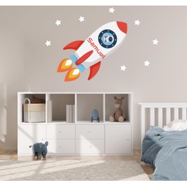 Custom Name Rocket Wall Decal - Rocket Astronaut Sticker Peel and Stick- Outer Space Nursery Wall Decor for Kids Room - Astronaut Vinyl Stickers for Nursery Playroom Decor (Wide 10"x22" Height)
