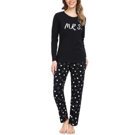 SPKPKEY Women's 2 Pieces Cotton Long Pajamas Letter Print Top and Pants Nightwear Pj Sets Black Medium