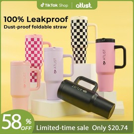 【Bestgift】100% Leakproof 40 oz Tumbler with Handle | Built-In Flip Straw | Easy-to-Twist Lid | Insulated Stainless Steel Cup:_Pink Check