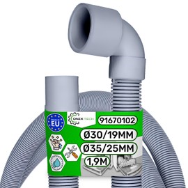 Universal Dishwasher Drain Hose 1.9 m Internal Diameter 30/19 mm Outer Diameter 35/25 mm Straight and Angled 45° with Original Code 91670102 for Candy - Made in EU - Warranty 5 Years - ONIX TECH