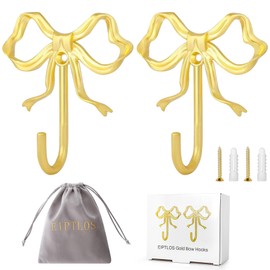 EIPTLOS Large Golden Bow Wall Hook - 2PCS Heavy Duty All-Metal Coat & Bag Hooks with Screws & Wall Plugs, Extra Sturdy Bow Room Decor Hooks for Jackets, Purses, Towels