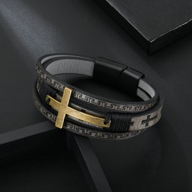 FYNSBLE Cross Bracelet for Men,Christian Leather Cross Bracelet 316 Stainless Steel Clasp Religious Cuff Wristband Jewelry for Men Father Husband