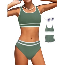 Magwei Girls Swimsuits 3 Piece Bathing Suit Bikini Set with Sporty Shorts and Sunglasses Beach Swimwear for Girl 8-15 Years (US, Age, 12 Years, 13 Years, Army Green)