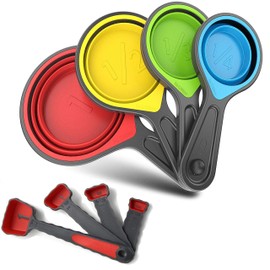 Collapsible Silicone Soft Measuring Cups and Measuring Spoons,8 pieces Portable Food Grade Silicone Measurement Cup for Liquid & Dry Measuring Baking &Utensils & Travel Measuring Cup，space saver