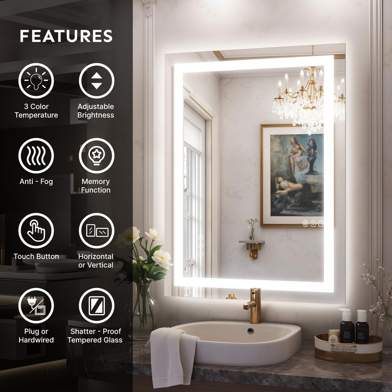 24x32 LED Bathroom Mirror with Lights – Anti-Fog, Dimmable, Backlit