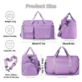 FIORETTO Womens Mens Sports Gym Bag Duffle Bag with Shoes Compartment, Weekend Travel Bag Overnight Bag for Women, Water Resistant Holdall Hospital Bag for Swimming Purple