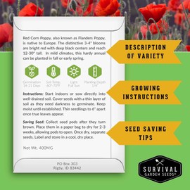 Poppy Collection 4 Variety Pack of Seeds for Planting – California, Golden West, Mikado & Red Corn Poppy Varieties – Non-GMO Heirloom Wildflower Collection - Survival Garden Seeds