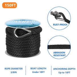 Anchor Rope 150 Ft x 3/8 Inch Premium Solid Braid MFP Anchor Line with 316 Stainless Steel Thimble and Heavy Duty Shackle Marine Boat Rope - Black