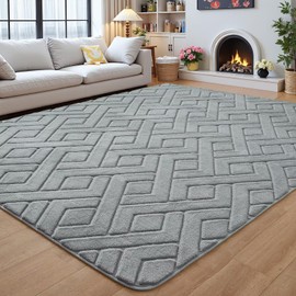 Flagover 5x7 Grey Washable Area Rug for Bedroom Living Room, Modern Geometric Shag Non-Slip Rugs, Fluffy Plush Soft Memory Foam Carpet for Kids Boys Room Nursery Decor