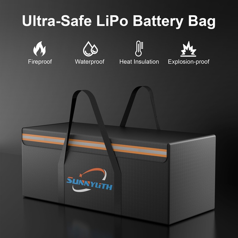 SunnyLith 12V 200Ah LiFePO4 Lithium Battery Fireproof Safe Bag, Large