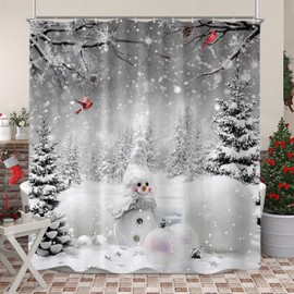 Sanzugh - Cortina de ducha de muñeco de nieve de Navidad, diseño de bosque de invierno, color gris, para decoración de baño con ganchos, 72 x 78 pulgadas, bonita decoración de baño gris y blanco