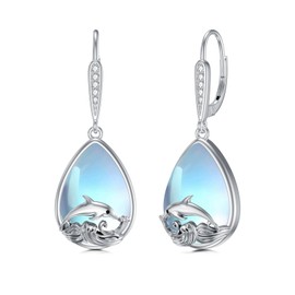 VONALA Leverback Earrings 925 Sterling Silver Dream Catcher/Larimar/Opal/Lapis/Turquoise Drop Earrings Jewellery Gift for Women (Dolphin Moonstone)