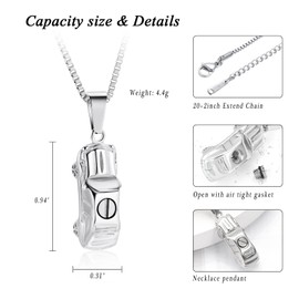 XSMZB Mini Car Cremation Jewelry Memorial Urn Necklace for Ashes Stainless Steel Pendant Human Pet Ashes Holder Keepsake Gift for Men Women (Silver)