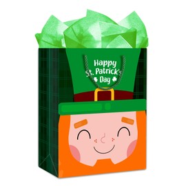SICOHOME St Patricks Day Gift Bag 11.5"x 9" Green Buffalo Plaid Gift Bags with Tissue Paper, Happy St.Patricks Gift Wrapping Bags for Kids Classroom Party Favor Supplies