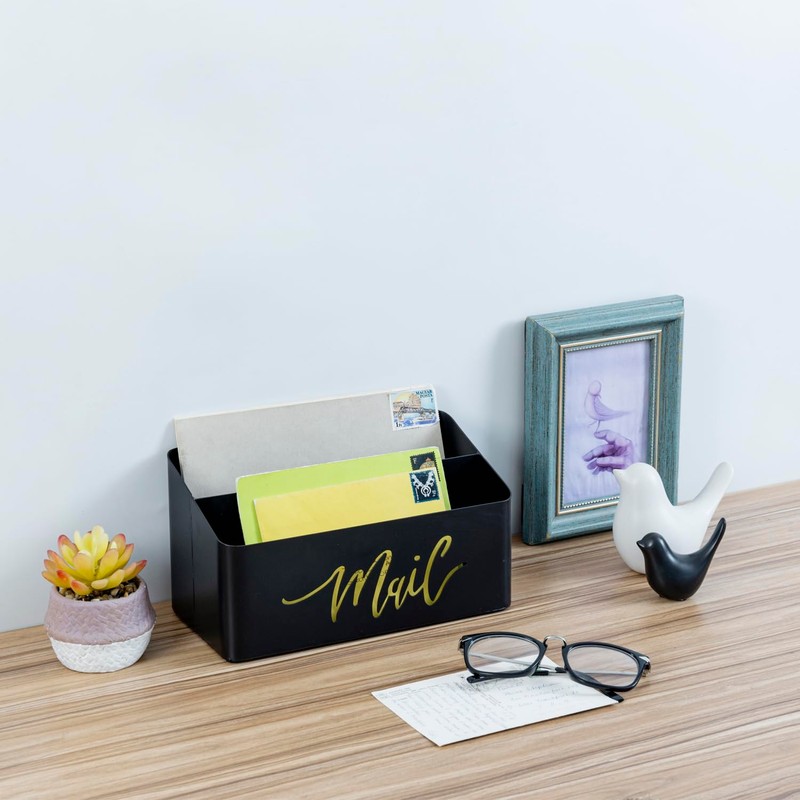 MyGift 2 Slot Modern Matte Black Metal Desktop Mail Sorter