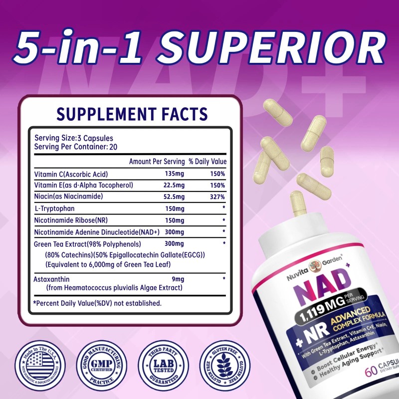 NuvitaGarden NAD+ Supplement for Anti-Aging Energy Focus & Nicotinamide Ribose