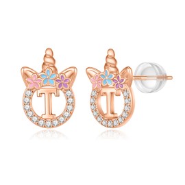 Unicorns Gifts for Girls, Rose Gold Plated Sterling Silver Post CZ Letter T Initial Stud Earrings for Little Girls Kids Unicorn Stud Earrings for Girls Jewelry Gifts for Girls Toddler