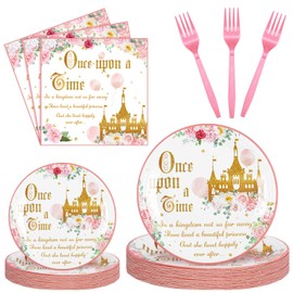 Sunnyray 96 Pieces Princess 1st Birthday Party Decorations Supplies Castle Birthday Party Tableware Set Once Upon a Time Birthday Party Dessert Plates Napkins Forks for 24 Guests