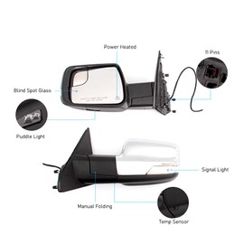 For Dodge Ram 2018-2021 Door Mirror Assembly with Chrome Cover Power Heated Manual Folding with Turn Signal Light Puddle Light Blind Spot Glass and Temp Sensor 11P Left Driver Side (W/O Camera)