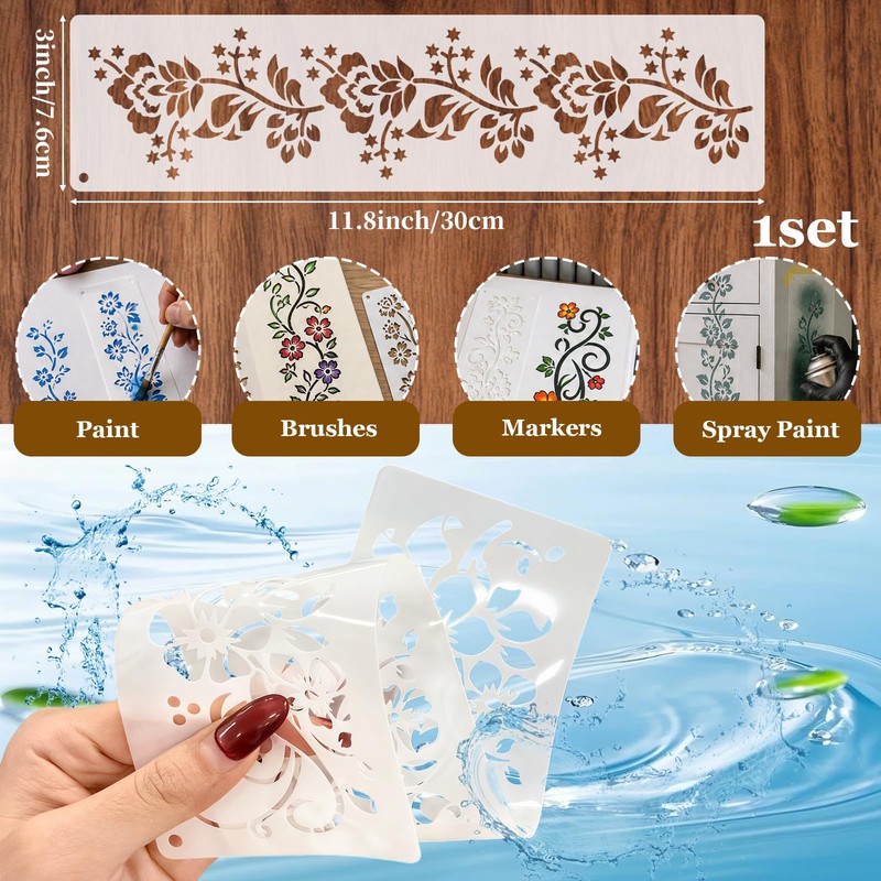 12Pcs Floral Border Stencils for Painting, Craft Paint Template 12