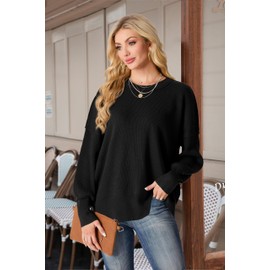 Women's Fall Fashion 2024 Casual Long Sleeve Crew Neck Side Slit Oversized Ribbed Knit Pullover Sweater Tops Black