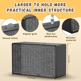 Wooden Money Saving Box, Cash Vault Savings Box for $10000 $5000 $3000 $1000 $800 $500 Target Money Saving Challenge, Reusable Money Box with Counter, Dry Erase Pen/Savings Trackers/Rubber Band-Black