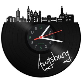 GRAVURZEILE Vinyl Record Clock - Skyline Augsburg - Wall Clock Made of Cast Vinyl with City Skyline - 30 cm - Upcycling Designer Clock - Modern Wall Clock in Retro Vintage Style - Made in Germany