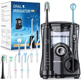 Cepillo de dientes eléctrico e hilo dental de agua, irrigador bucal de 600 ml con 7 puntas de chorro, 10 ajustes de presión ajustables, cepillo de dientes eléctrico sónico con 2 cabezales de cepillo