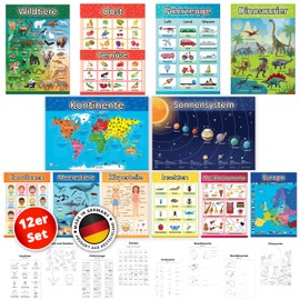 LOGIJO® 12 x Educational Montessori Learning Posters - Set A4 with Exercise Sheets - Extra Premium Poster Paper Satin Matt - Learning Basics 2 - Learning Aid for Children of Preschool and Primary