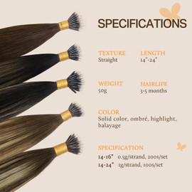 DOORES Nano Hair Extensions 14 Inch, Walnut Brown to Ash Brown and Bleach Blonde, 50s 50g Cold Fusion Ring