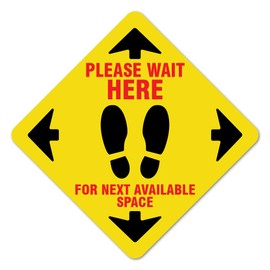 Public Safety Sign Please Wait Here Yellow Non-Slip Floor Graphic | 12 Pack of 11" Floor Marker Vinyl Decal| Protect Your Business, Work Place & Customers | Made in The USA