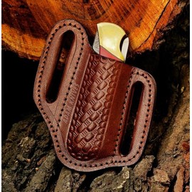 ADAM KNIVES Leather Pocket Knife Sheath For Belt, Slanted Sheath, Tooled Leather Sheath, Beautiful Folding/Trapper Knife Cover 100% Real