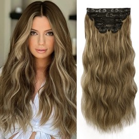 WECAN Clip in Hair Extension 20 Inch 6PCS Light Brown Mix Golden Blonde Long Wavy Curly Hairpieces for Women Natural Thick Synthetic Fiber Double Weft Hair Full Head